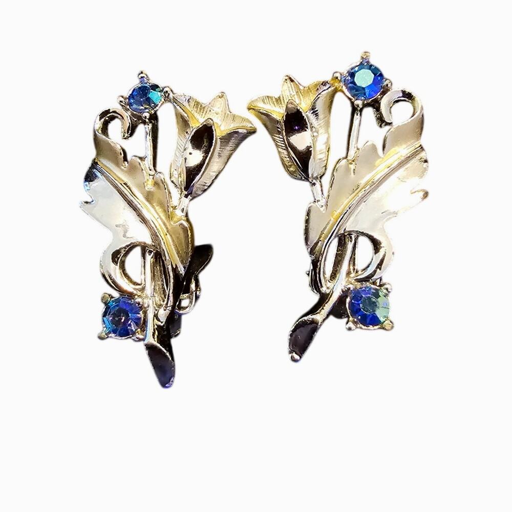 Vintage Tulip Flower Clip On Earrings Blue Rhinestones Silver Tone Unmarked